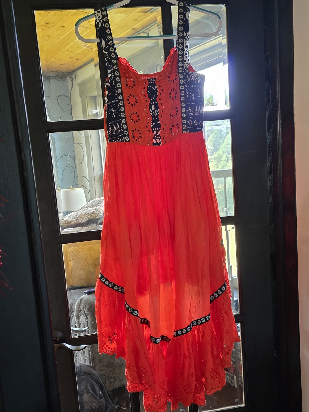Free People Red High-Low Embroidered Sundress with Black Trim - Picture 2 of 3